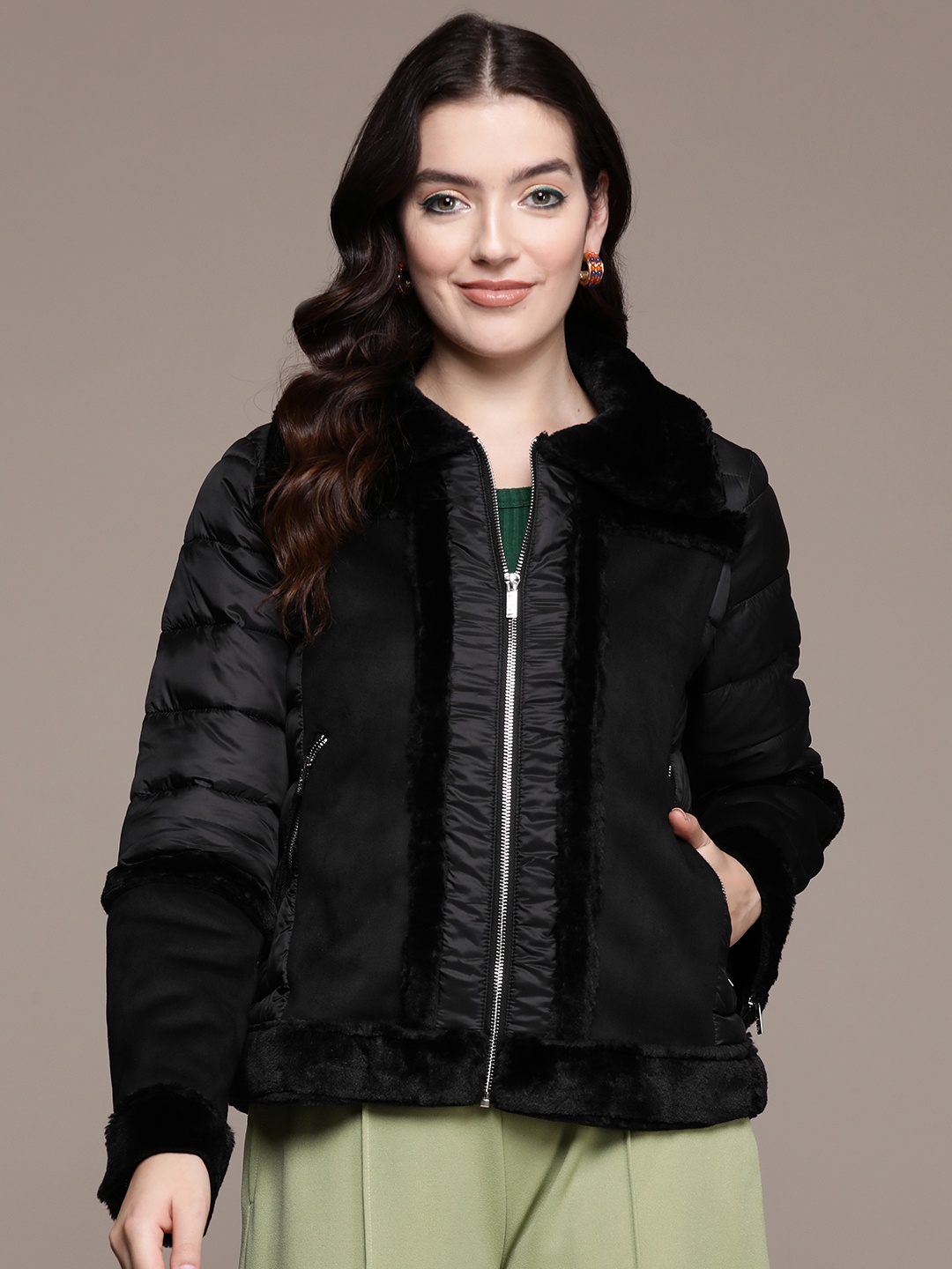 

Label Ritu Kumar Women Solid Faux Fur Puffer Jacket, Black