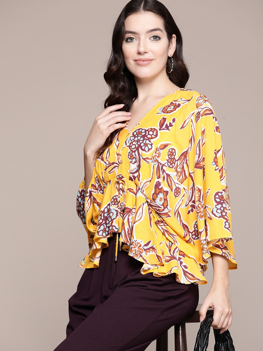 

Label Ritu Kumar Floral Print Asymmetric Hem Flared Sleeve Crepe Top, Yellow