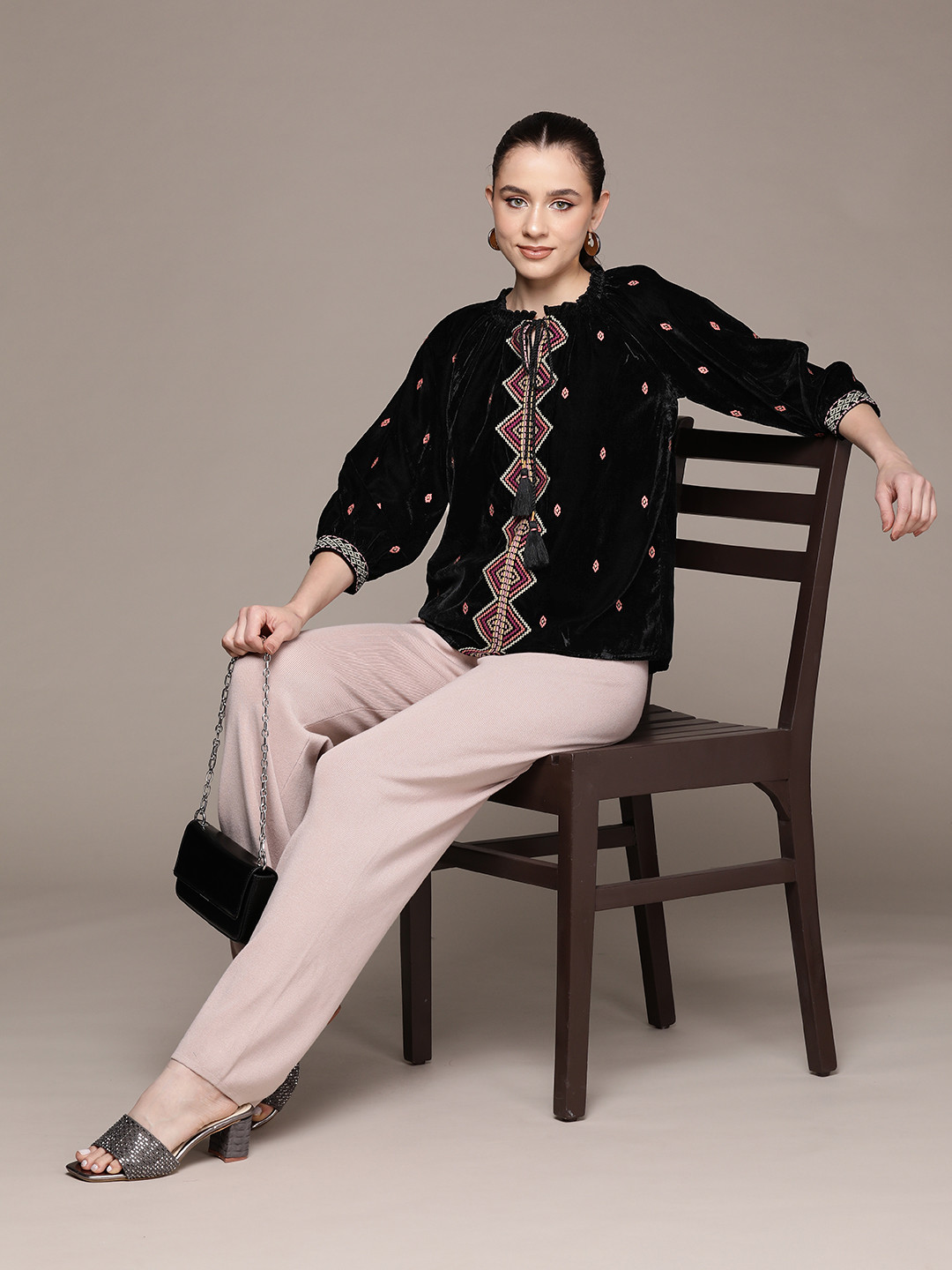 

Label Ritu Kumar Geometric Embroidered Tie-Up Neck Puff Sleeve Velvet Top, Black