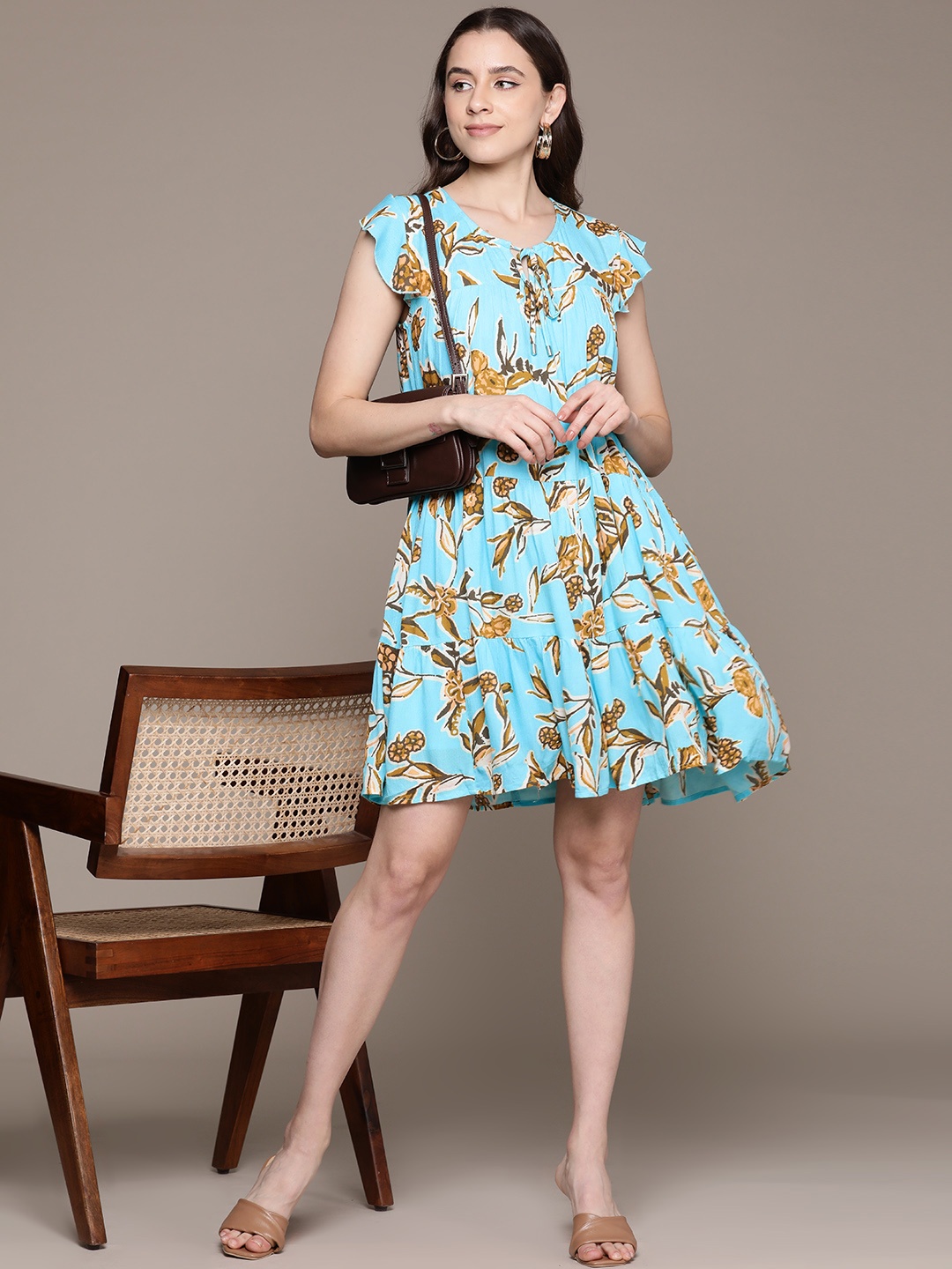 

Label Ritu Kumar Floral Print Flutter Sleeve Drop-Waist Dress, Blue