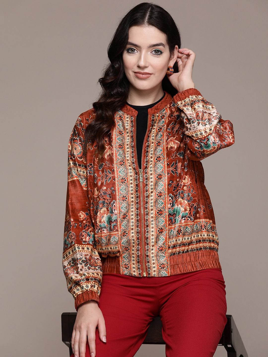 

Label Ritu Kumar Women Floral Printed Bomber Jacket, Red