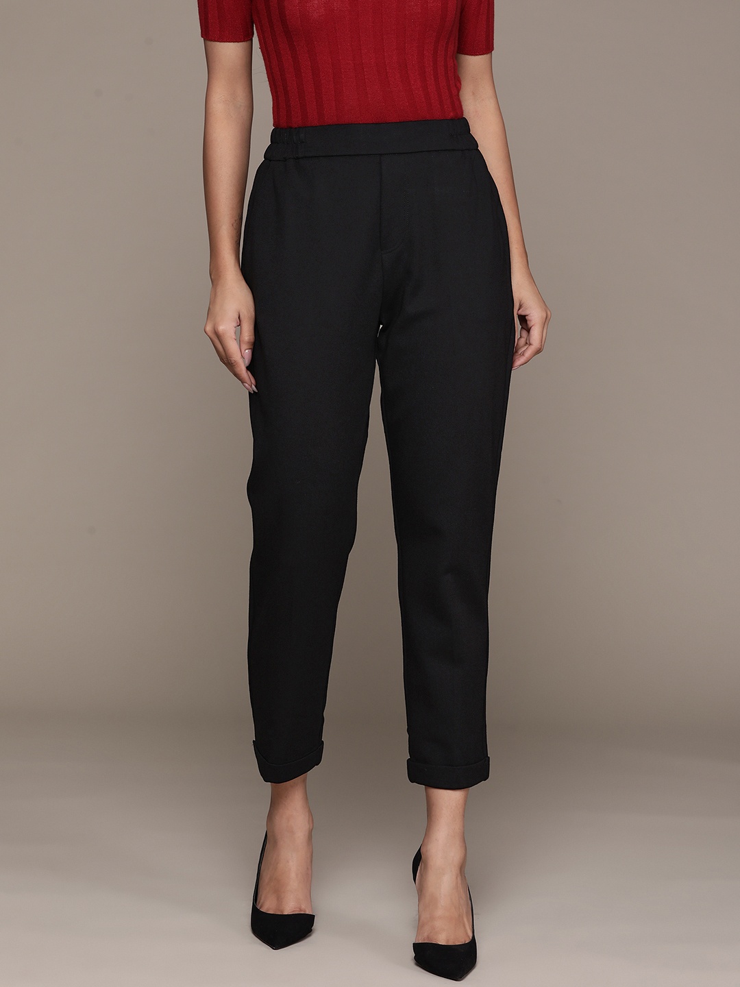 

Label Ritu Kumar Women Tapered Fit Trousers, Black