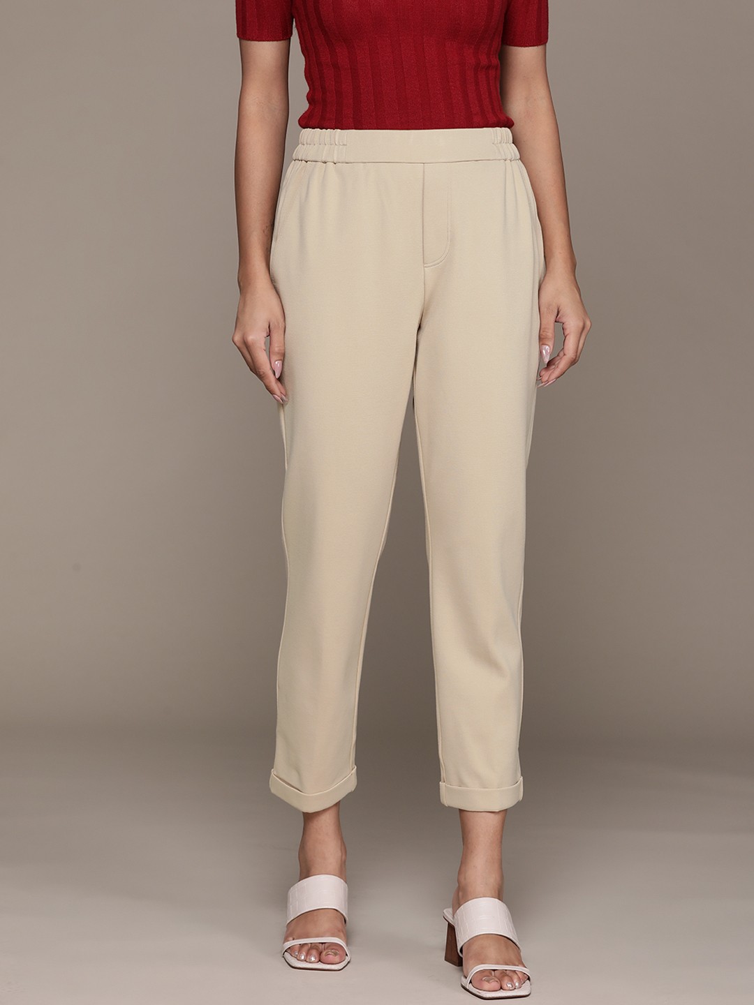 

Label Ritu Kumar Women Tapered Fit Trousers, Beige