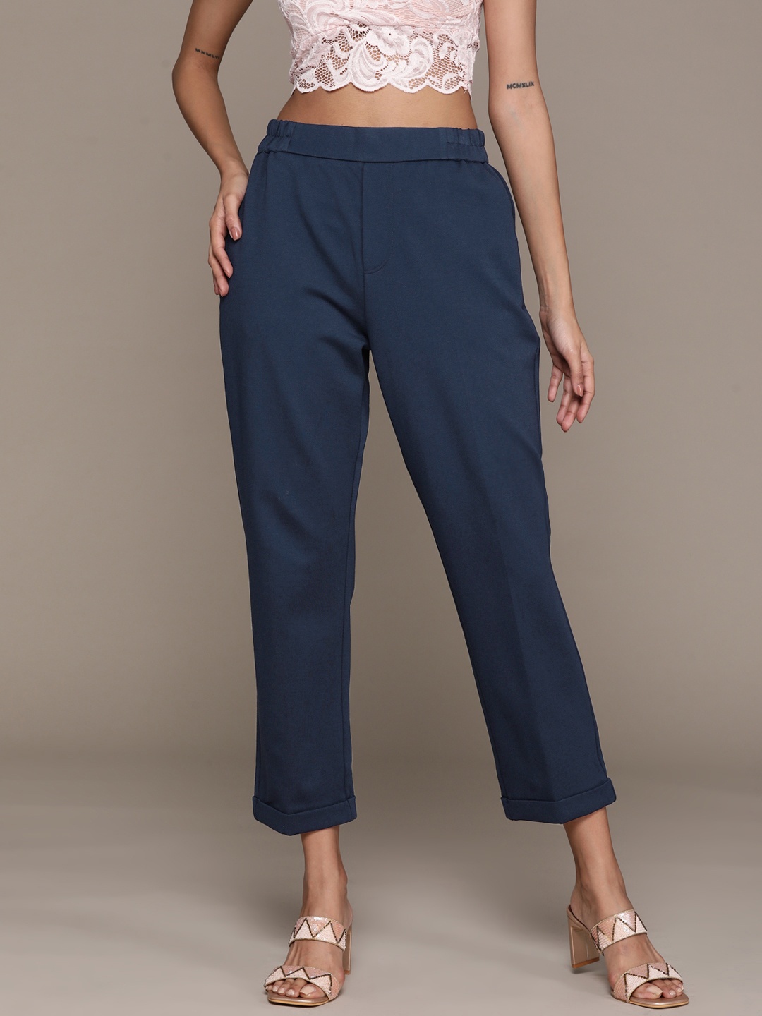 

Label Ritu Kumar Women Tapered Fit Trousers, Navy blue