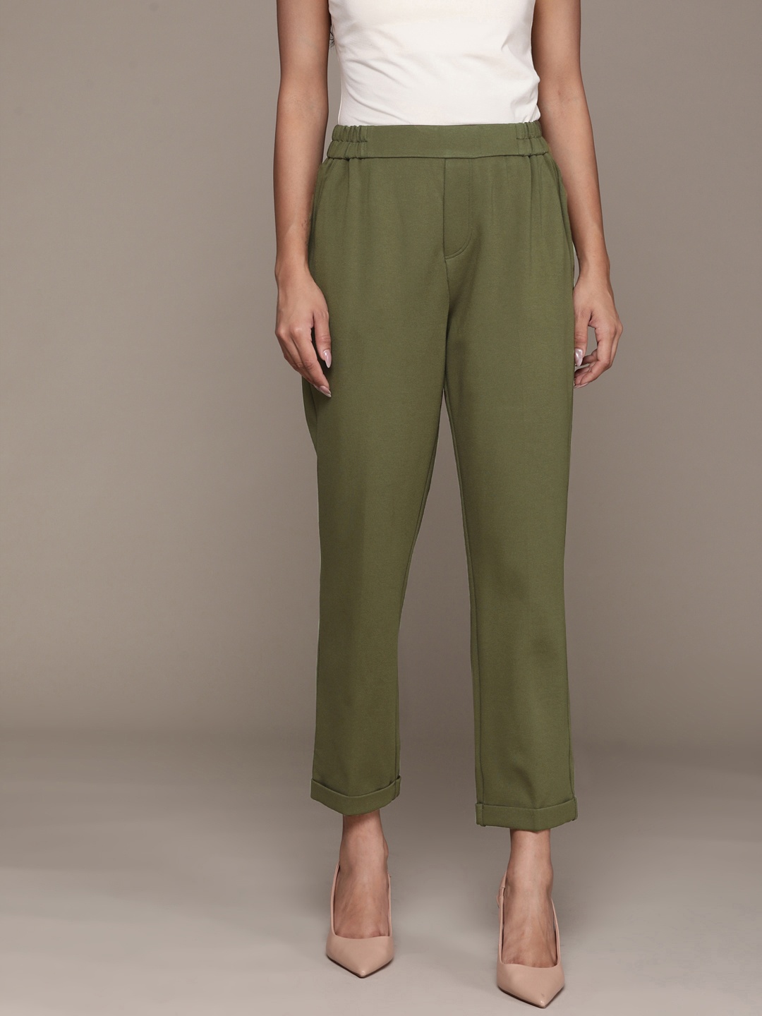 

Label Ritu Kumar Women Solid Tapered Fit Trousers, Olive