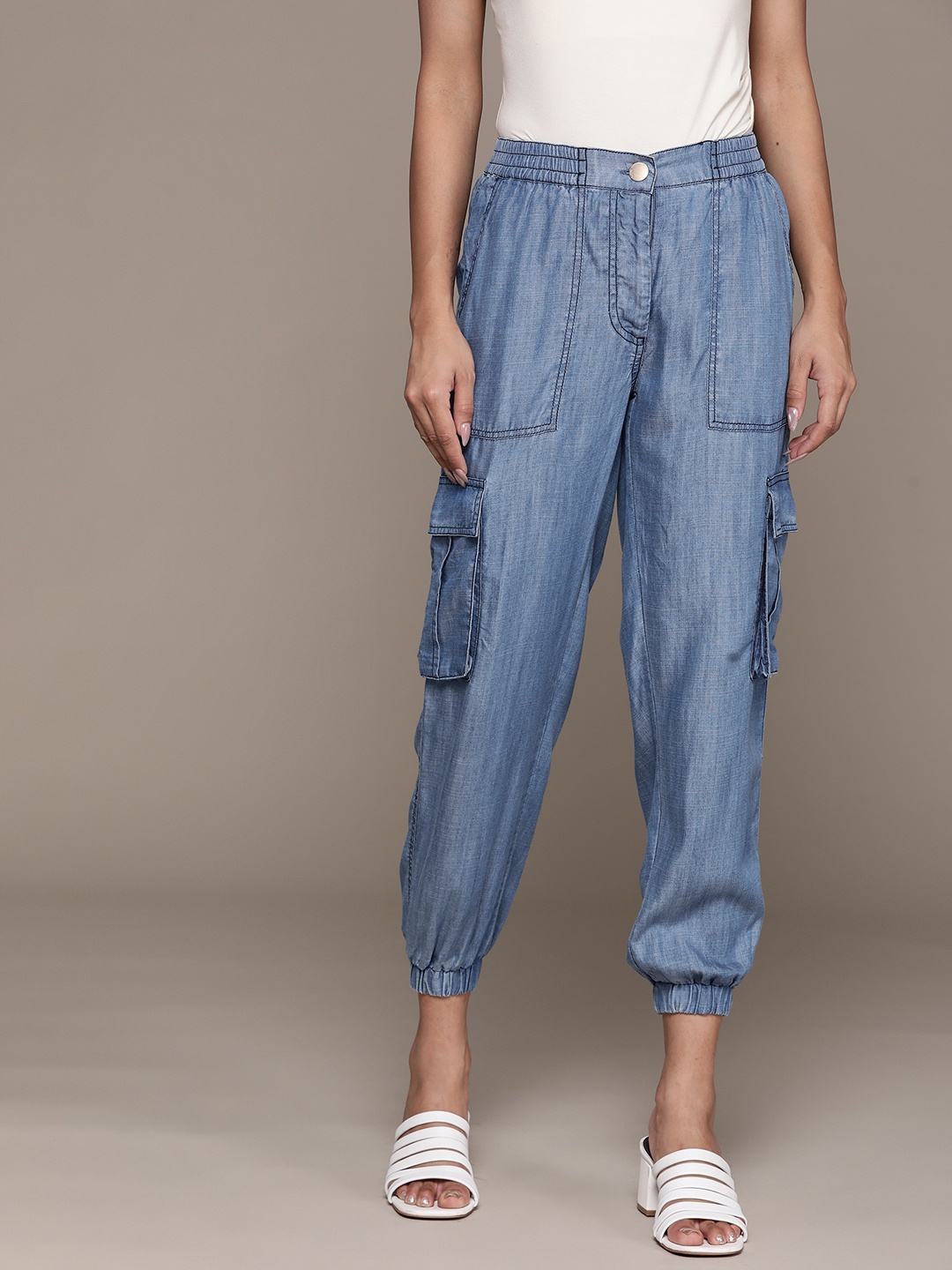 

Label Ritu Kumar Women Relaxed Cargo Joggers Trousers, Blue