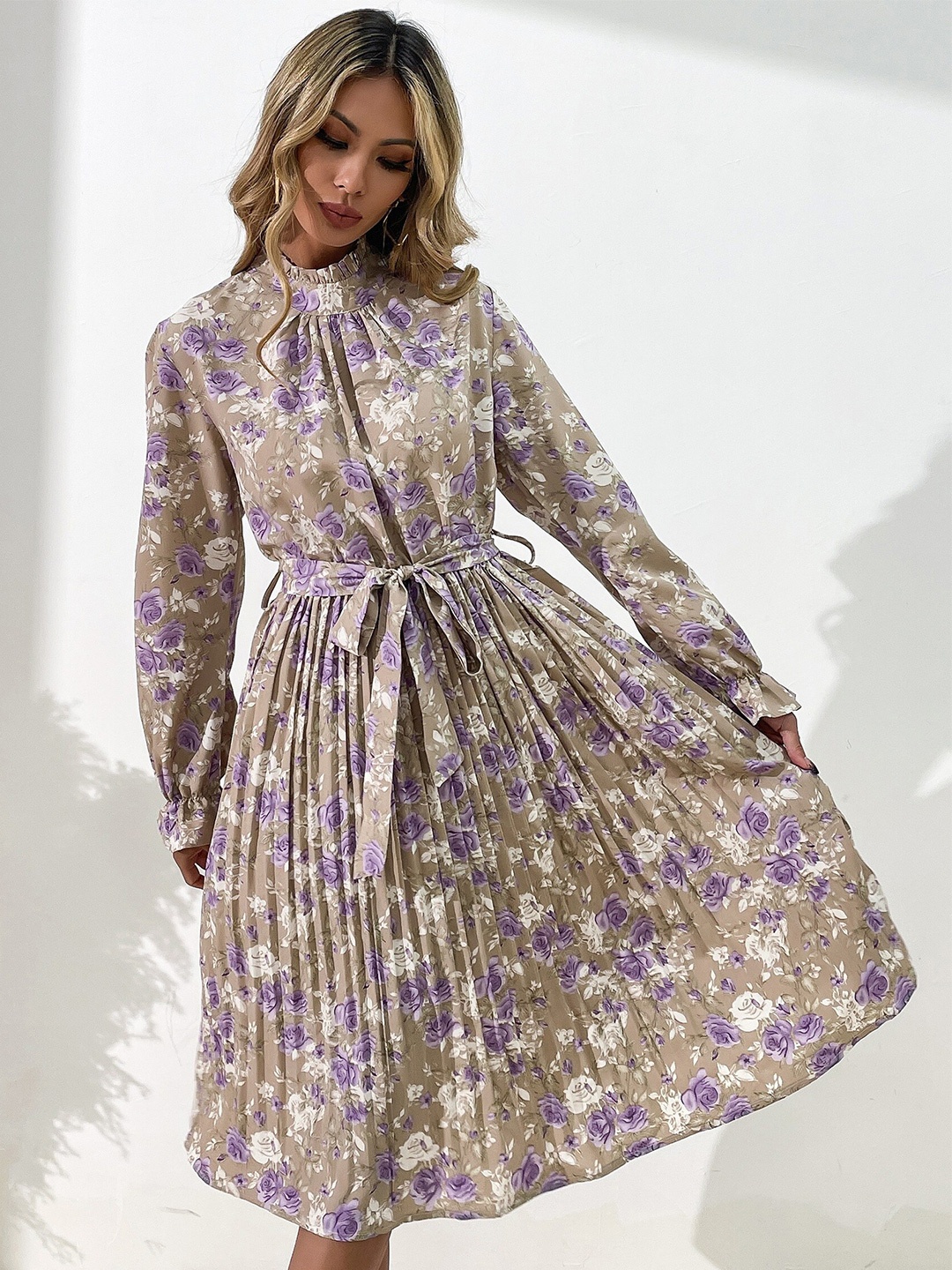 

StyleCast Khaki Floral Printed High Neck Fit & Flare Dress