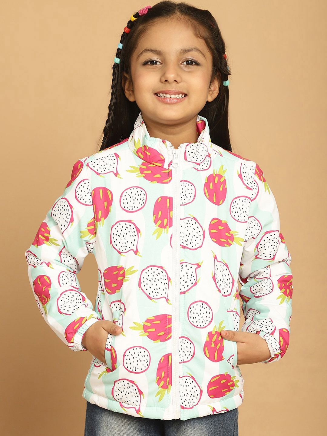 

HOUSE OF VEDAS Girls Conversational Printed Lightweight Padded Jacket, White