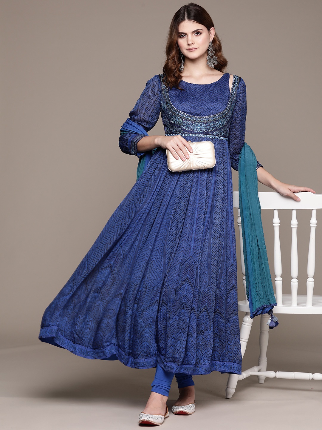 

Ritu Kumar Women Embroidered Anarkali Mirror Work Kurta with Leggings & With Dupatta, Blue