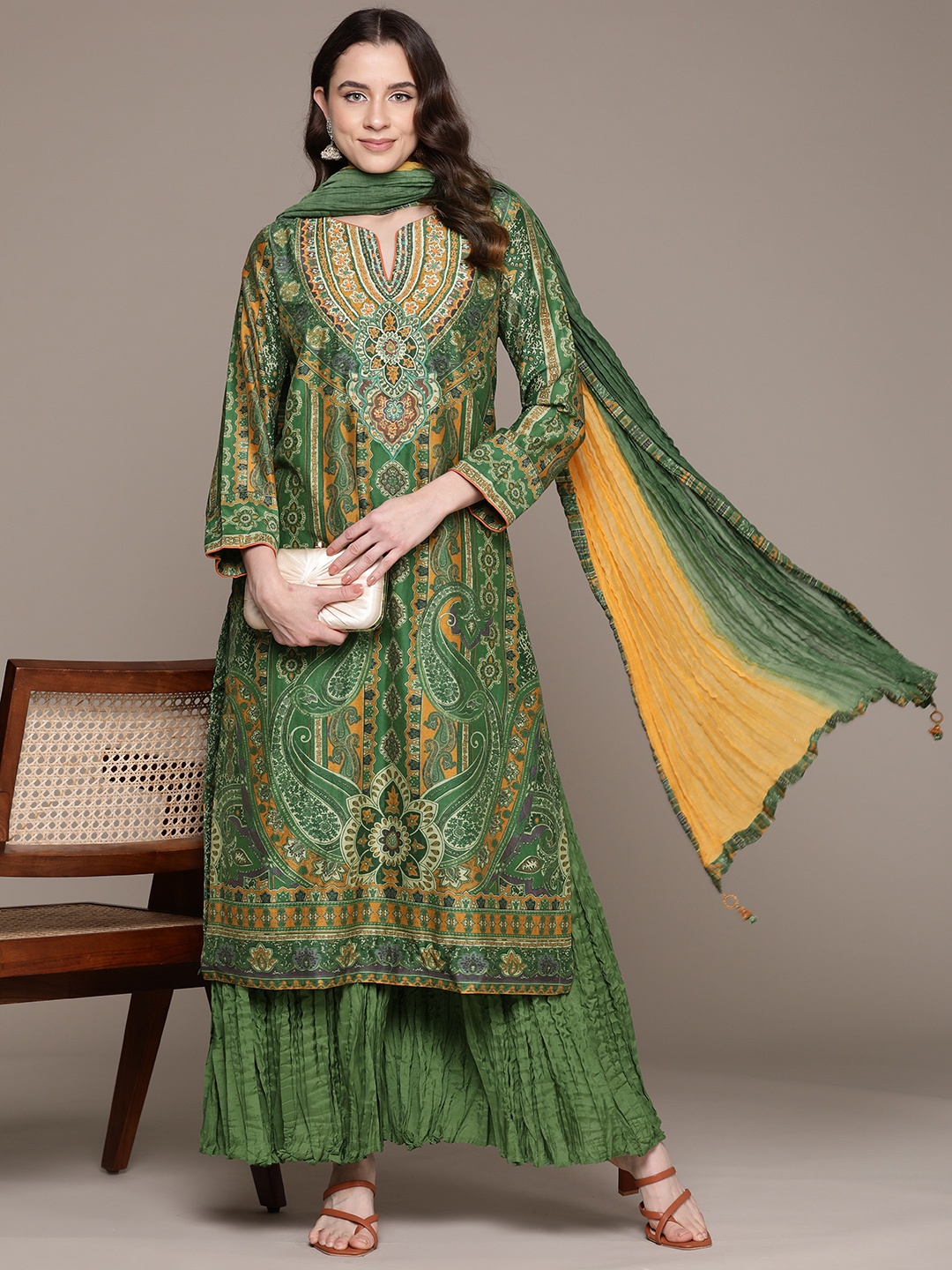 

Ritu Kumar Women Paisley Printed Thread Work Kurta with Sharara & With Dupatta, Green