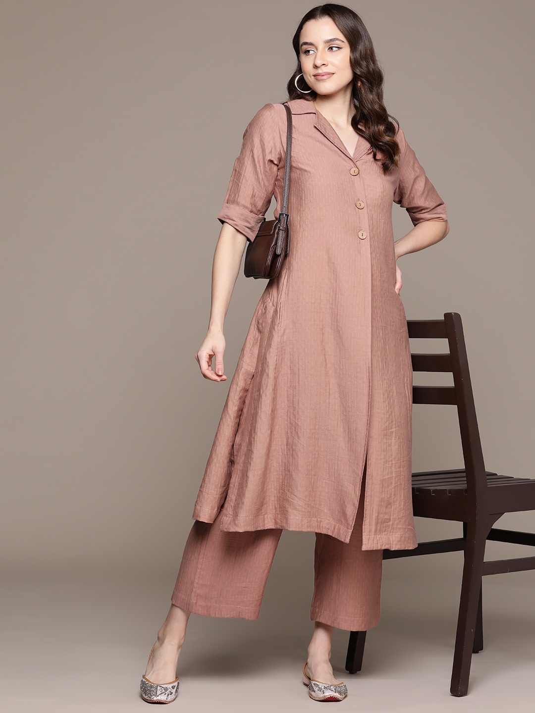 

Ritu Kumar Women Self Design A-Line Kurta with Palazzos, Pink