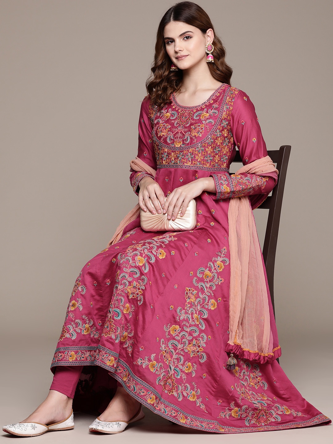 

Ritu Kumar Women Floral Embroidered Beaded Anarkali Kurta with Leggings & With Dupatta, Pink