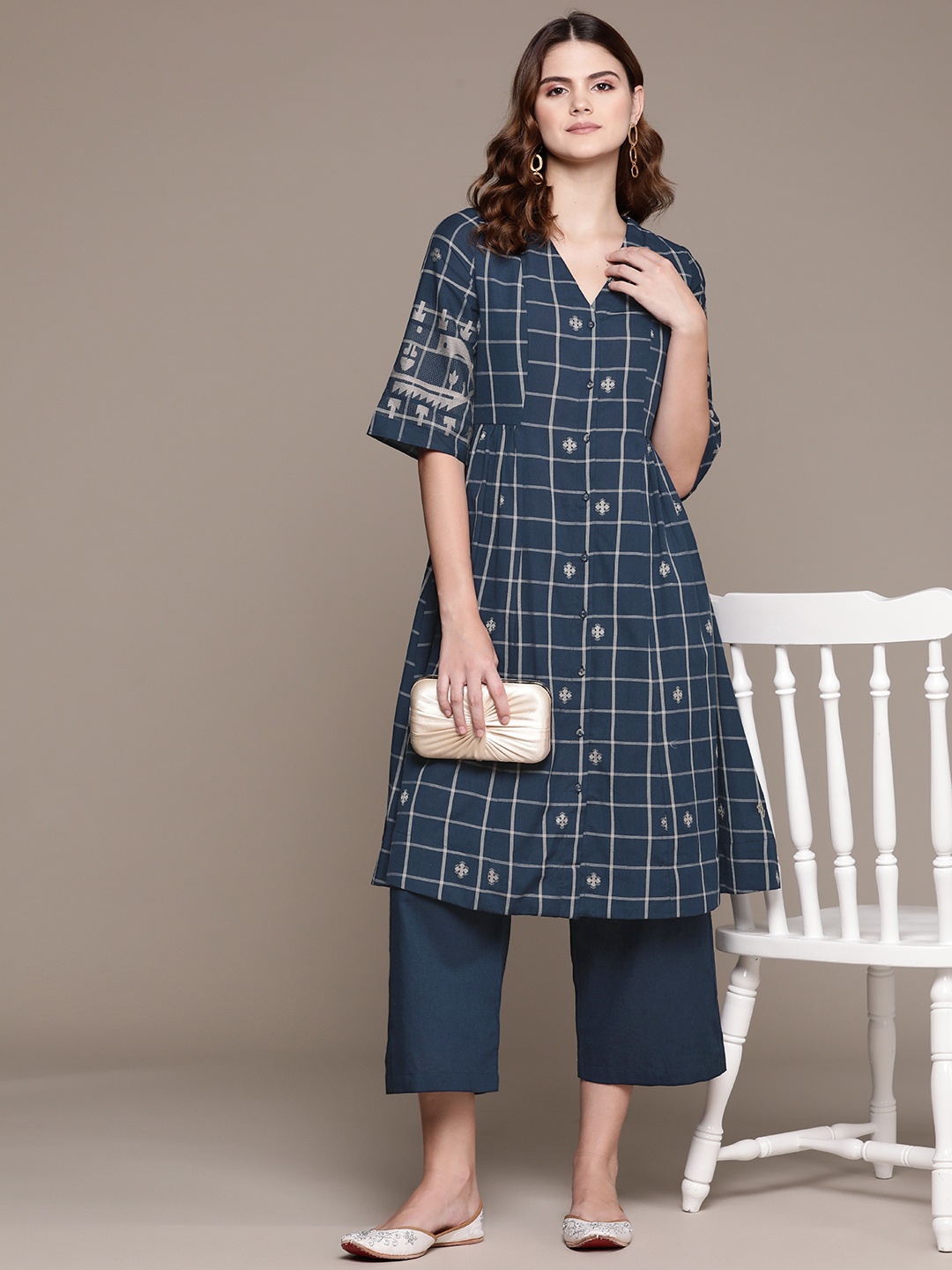 

Ritu Kumar Women Checked Regular A-Line Thread Work Kurta with Trousers, Blue