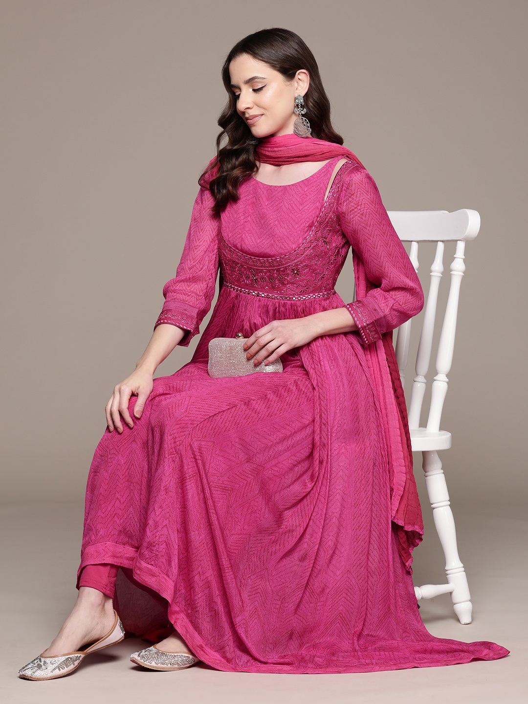 

Ritu Kumar Women Embroidered Anarkali Mirror Work Kurta with Leggings & With Dupatta, Fuchsia