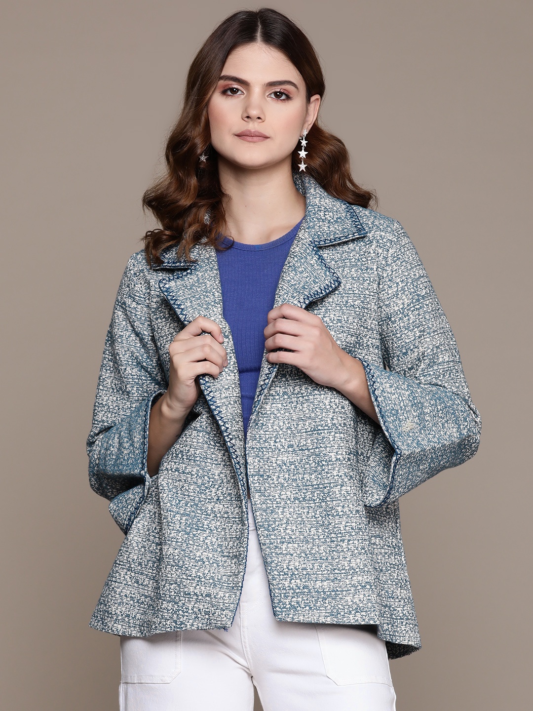 

Ritu Kumar Women Jacquard Tailored Jacket, Blue