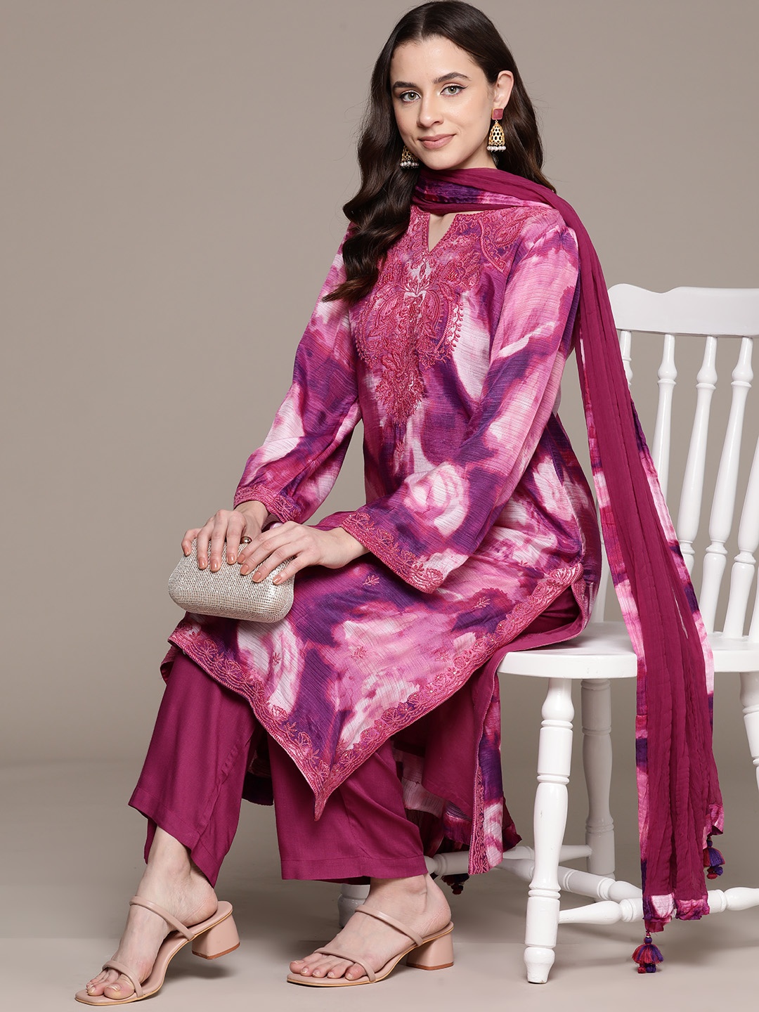 

Ritu Kumar Dyed Embroidered Kurta with Trousers & Dupatta, Pink