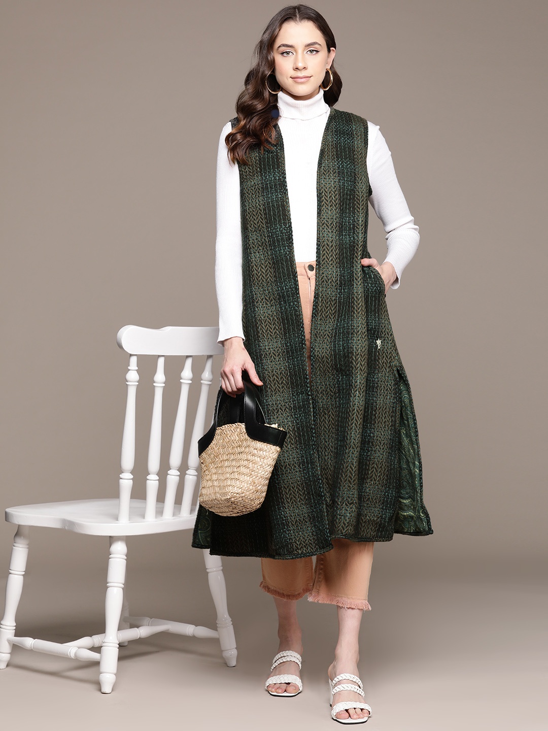 

Ritu Kumar Women Checked Longline Cotton Open Front Jacket, Green