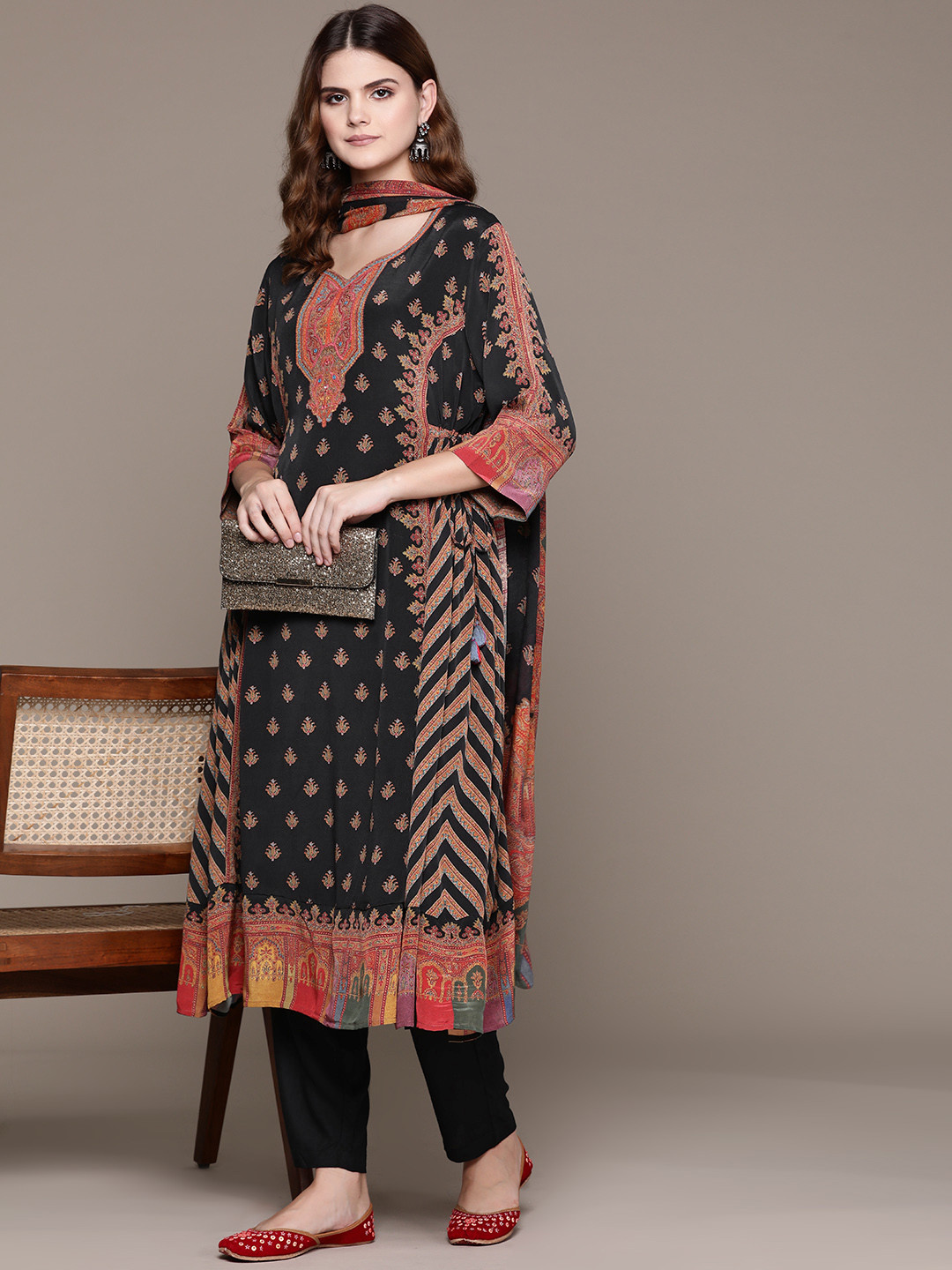 

Ritu Kumar Ethnic Motifs Print Yoke Embroidered Kurta with Trousers & Dupatta, Black