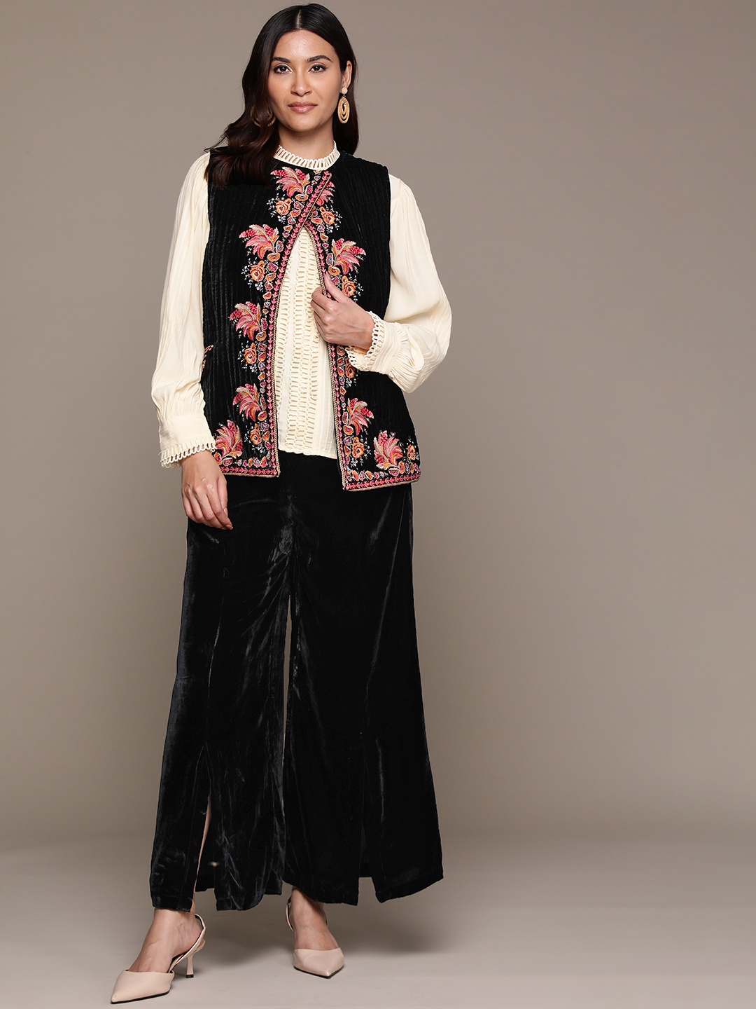 

Ritu Kumar Women Top with Trousers & Embroidered Waistcoat, Black