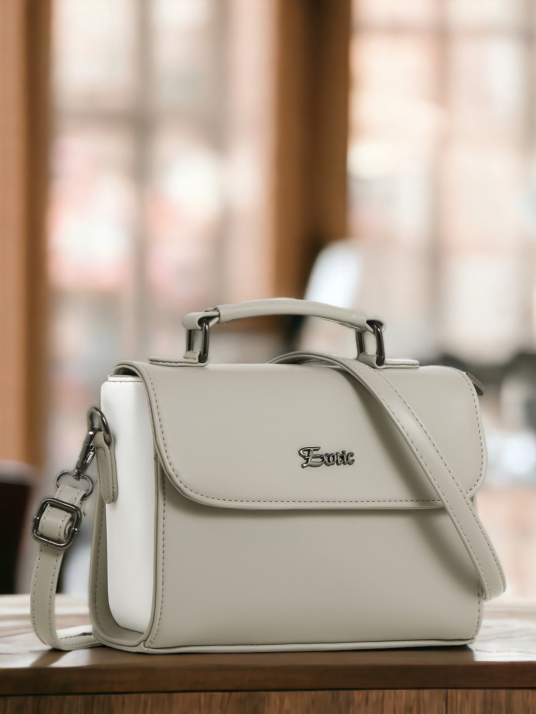 

Exotic Colourblocked Structured Leather Satchel, Grey