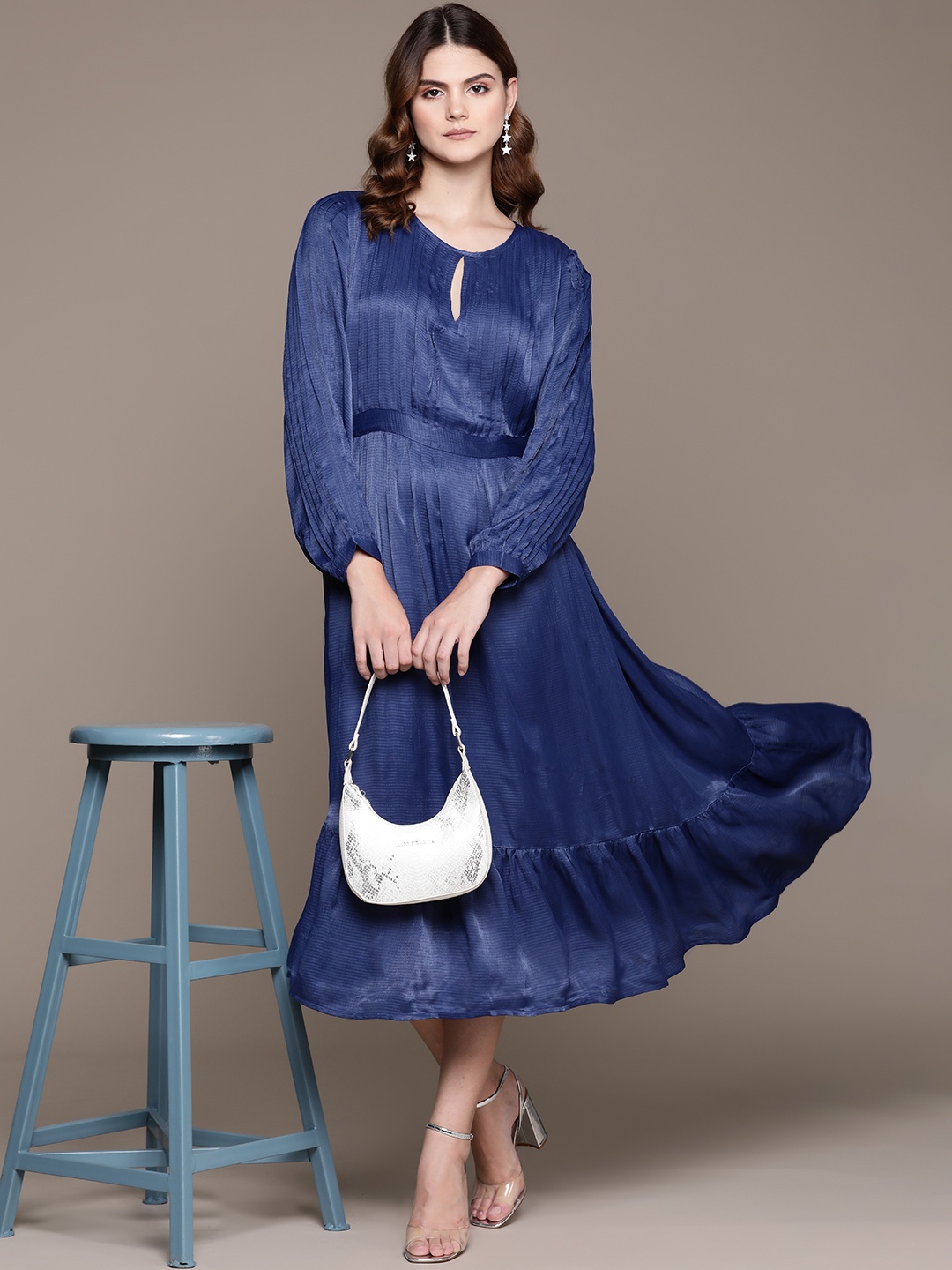 

Ritu Kumar Solid Keyhole Neck Satin A-Line Midi Dress, Blue