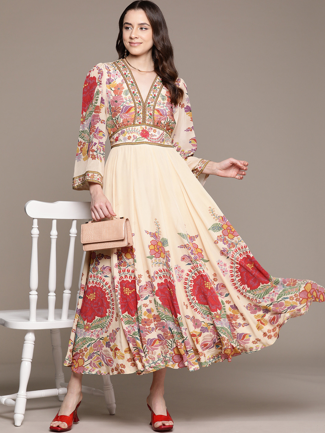 

Ritu Kumar Floral Print Flared Sleeve Crepe Fit & Flare Maxi Dress, Beige