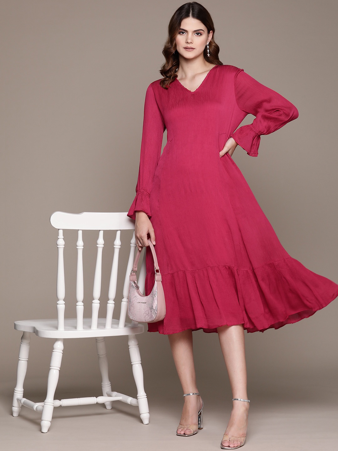 

Ritu Kumar Solid Bell Sleeve Satin A-Line Midi Dress, Pink