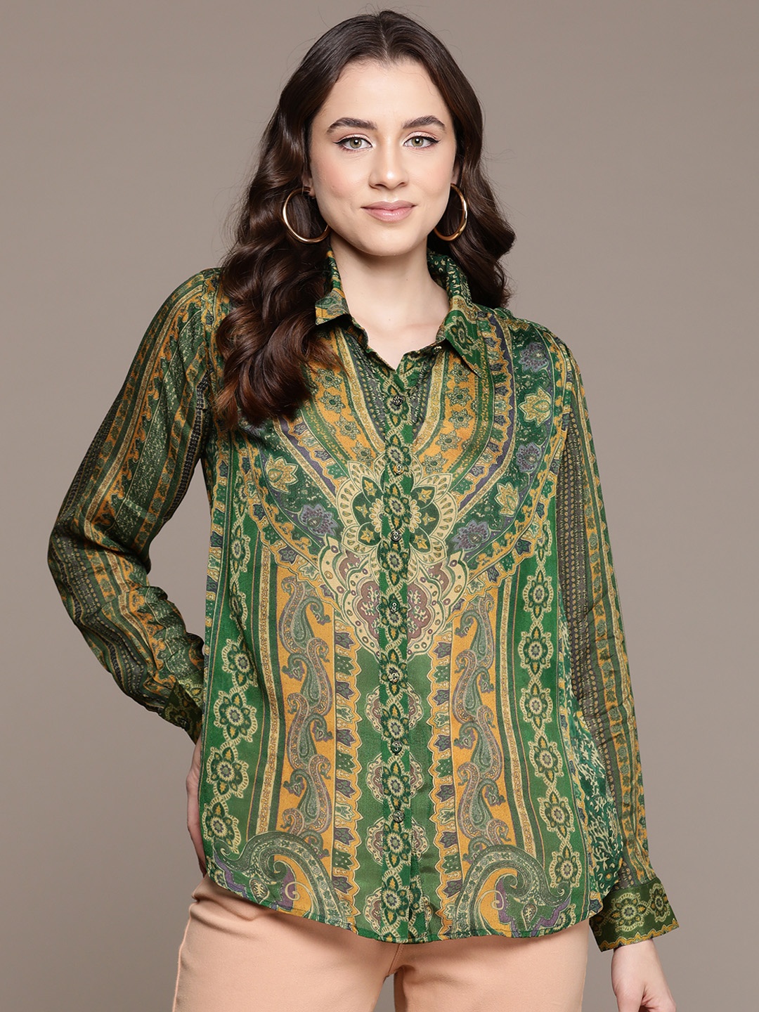 

Ritu Kumar Women Standard Slim Fit Opaque Printed Casual Shirt, Green
