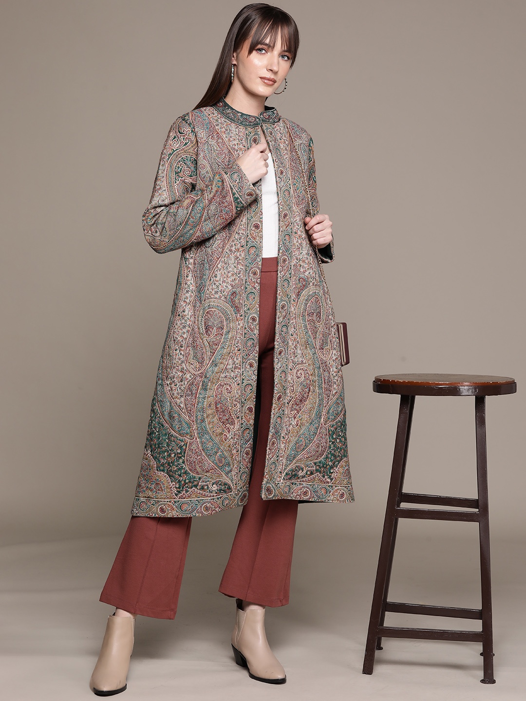 

Ritu Kumar Women Printed Longline Overcoat, Green