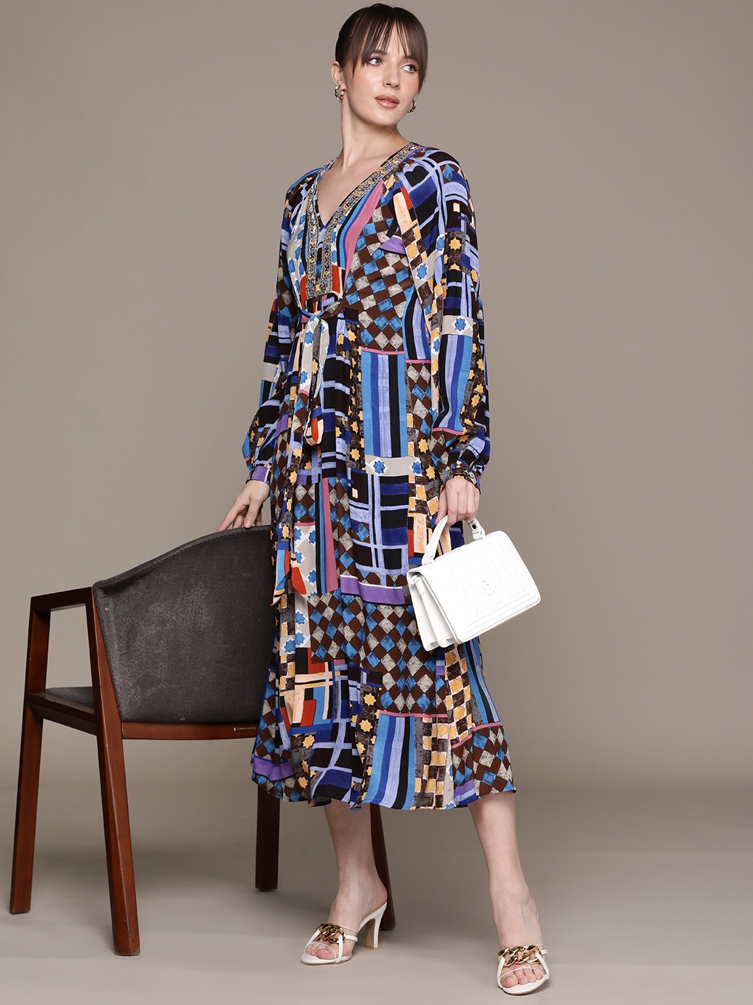 

Ritu Kumar Print Puff Sleeve Crepe A-Line Midi Dress with Camisole, Blue