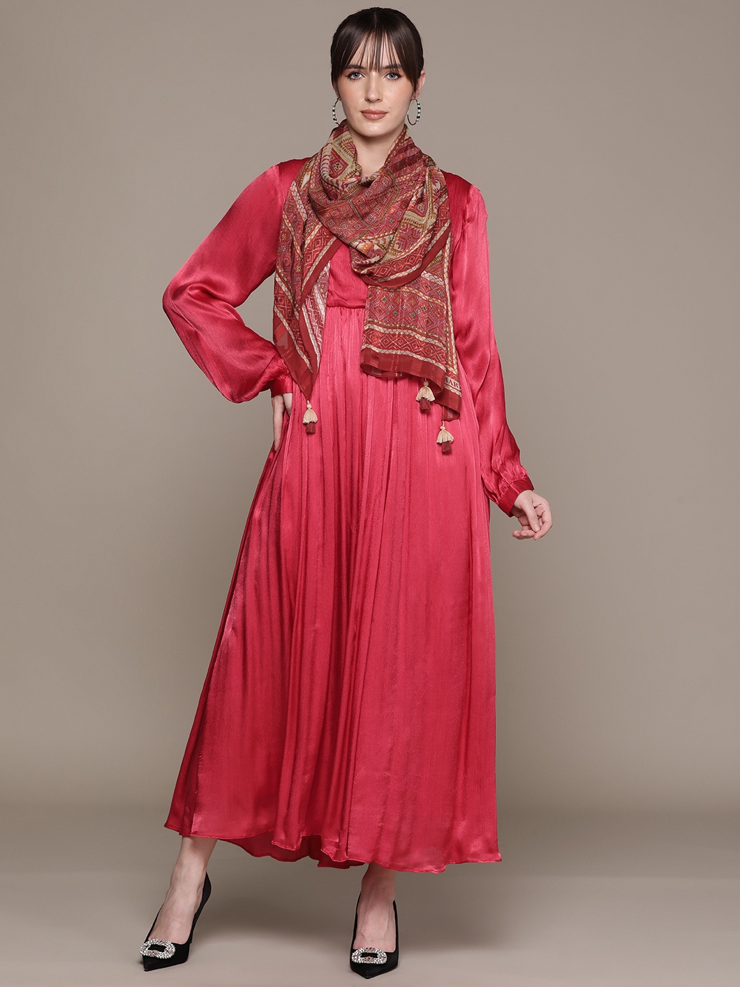 

Ritu Kumar Puff Sleeve Satin Midi Dress with Scarf, Red