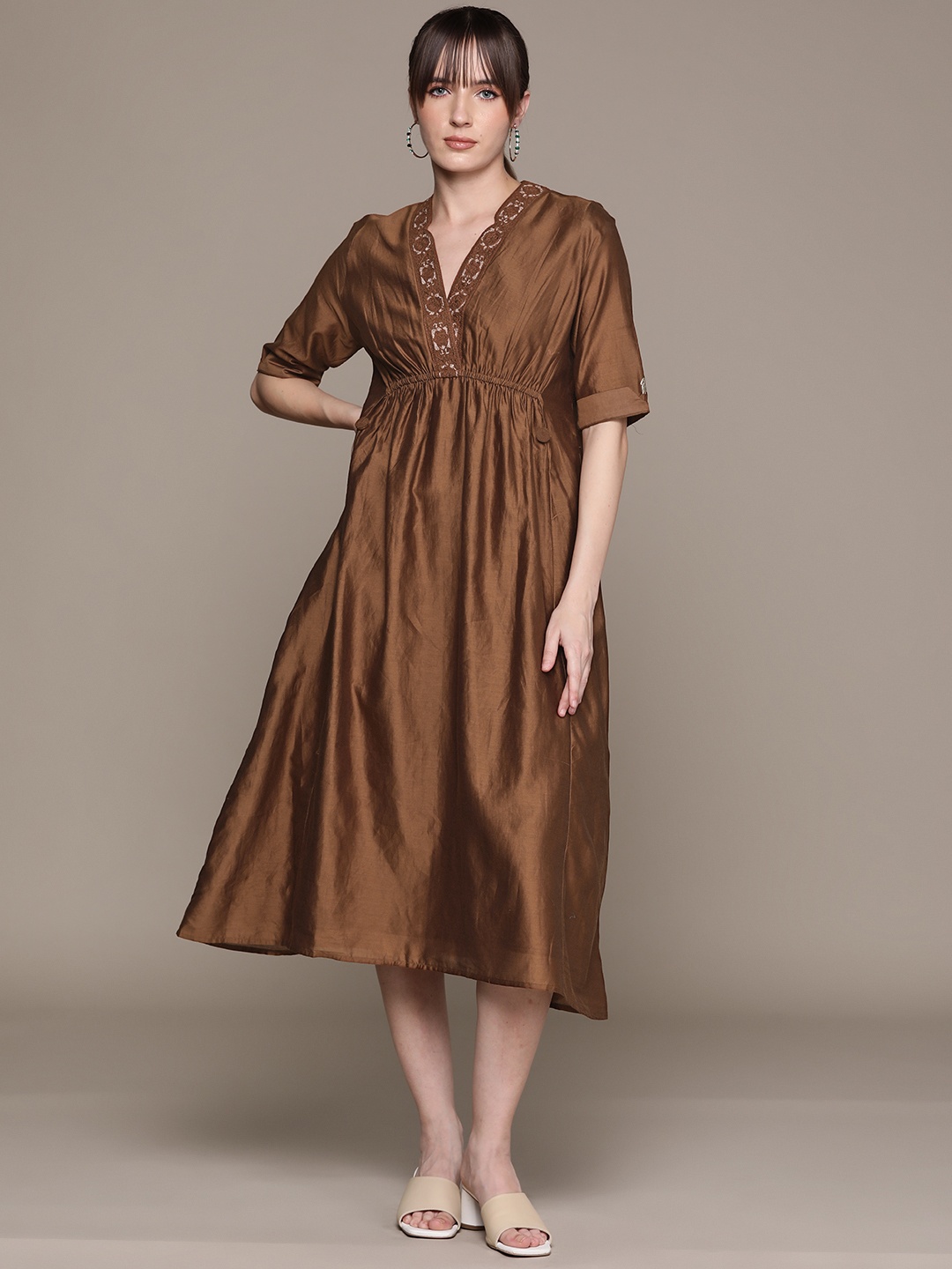

Ritu Kumar Floral Embroidered A-Line Midi Dress, Brown