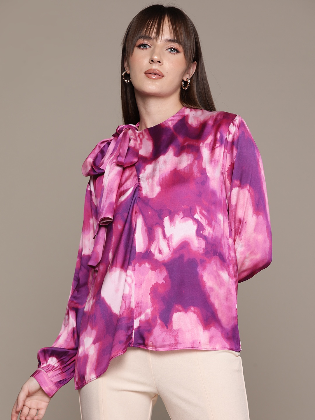 

Ritu Kumar Print Tie-Up Neck Puff Sleeve Satin Top, Pink