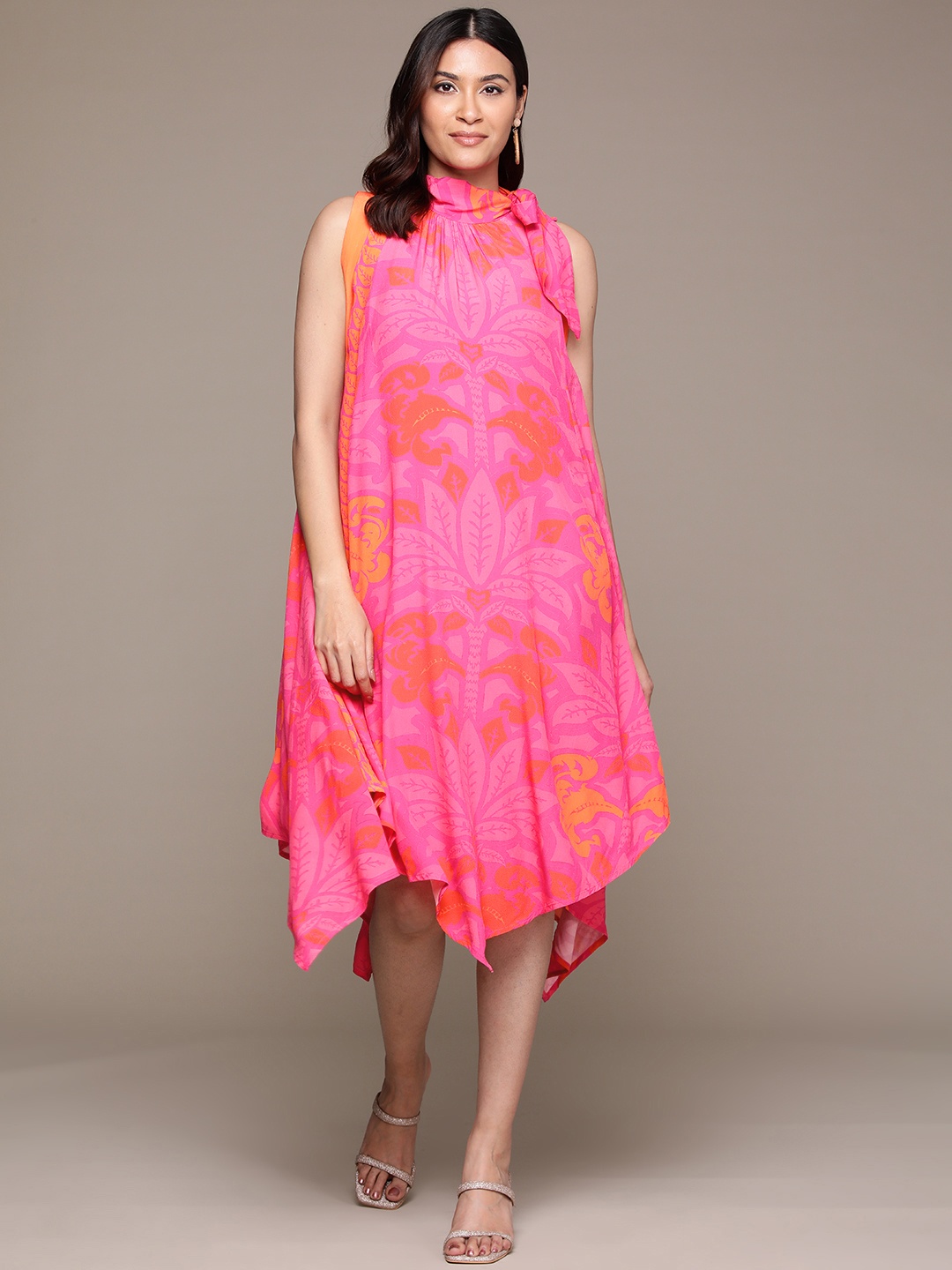 

Ritu Kumar Tropical Print Tie-Up Neck Crepe A-Line Midi Dress, Pink