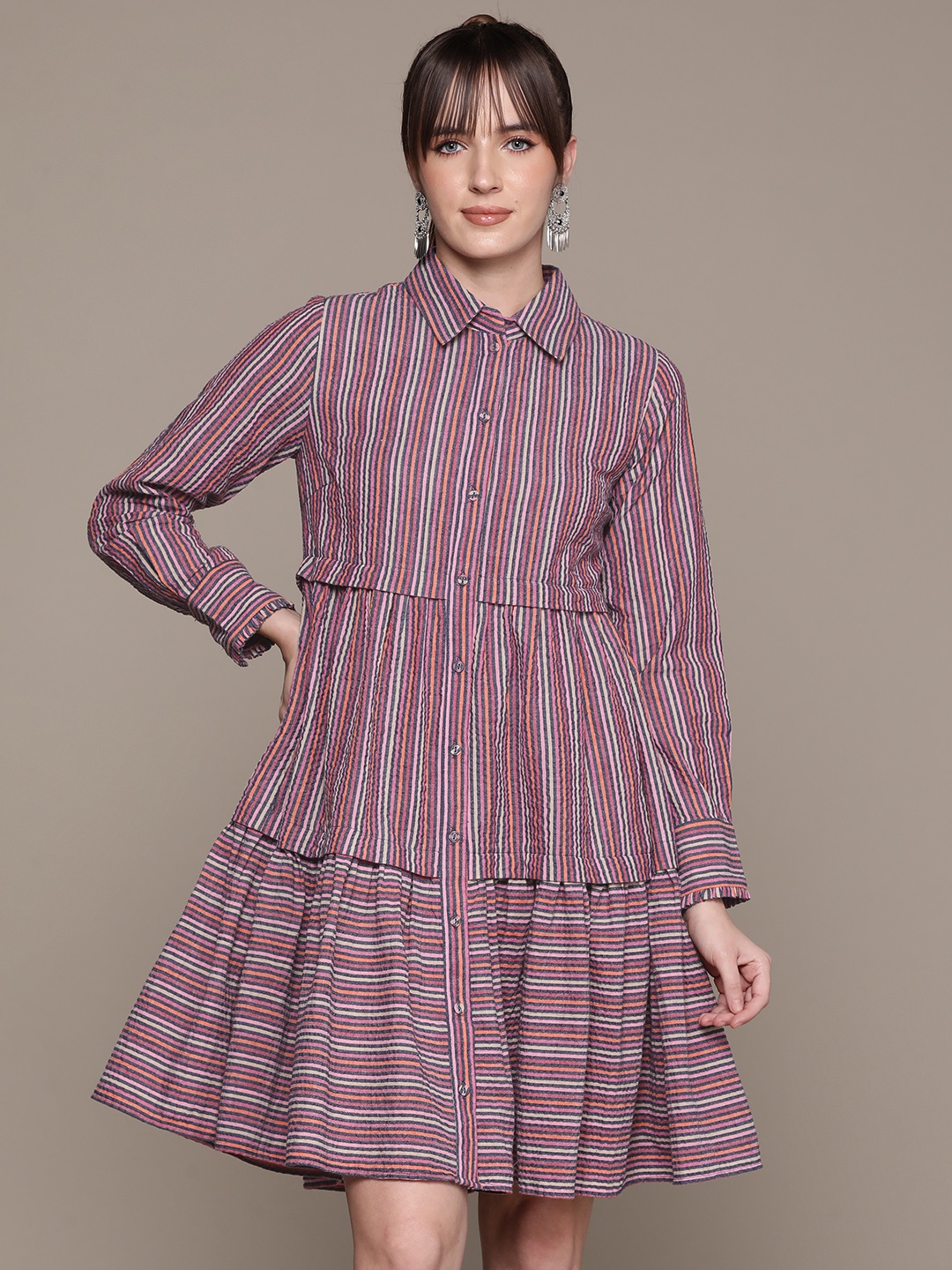 

Ritu Kumar Striped Tiered Shirt Dress, Multi
