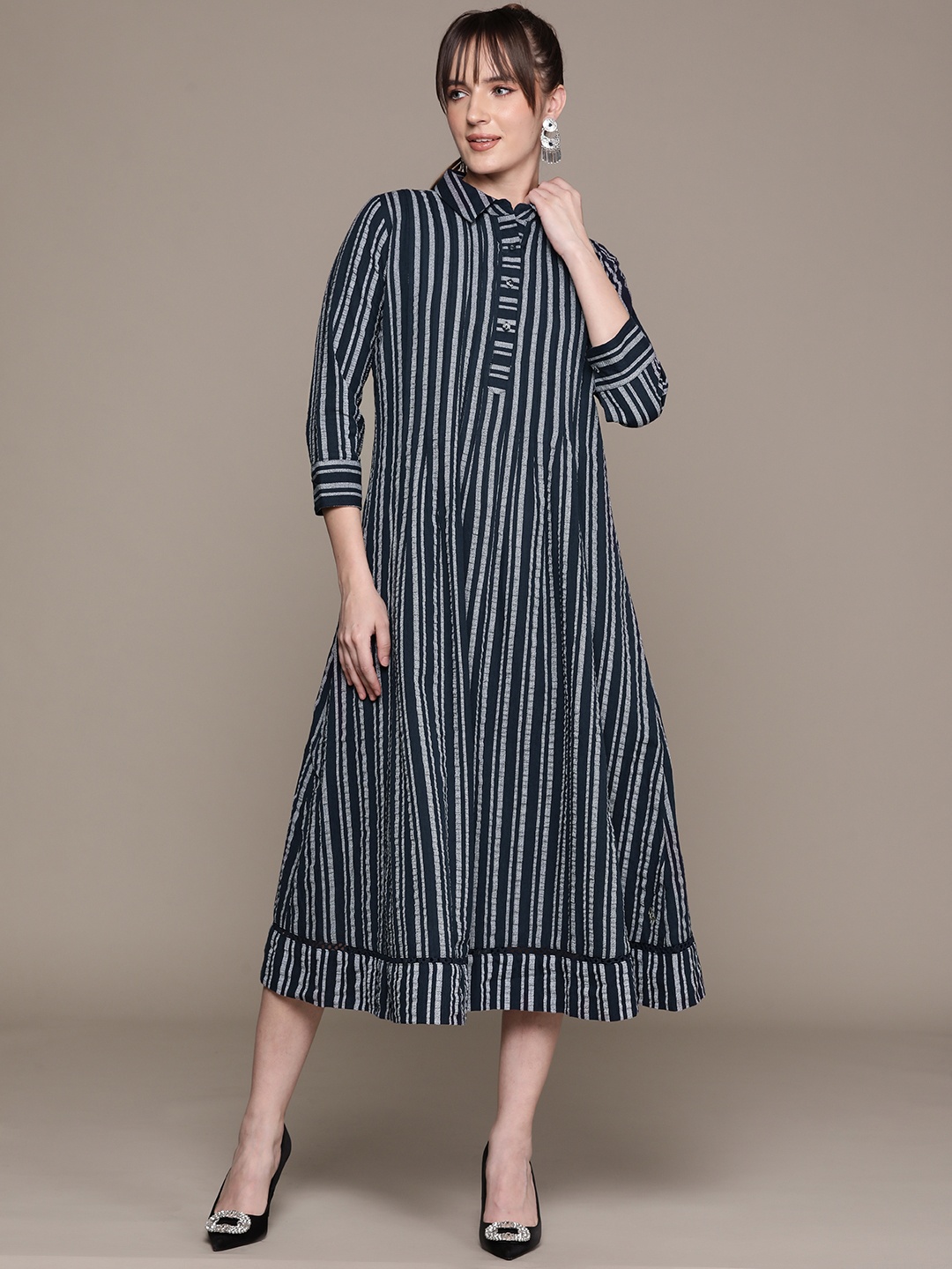 

Ritu Kumar Striped Shirt Midi Dress, Navy blue
