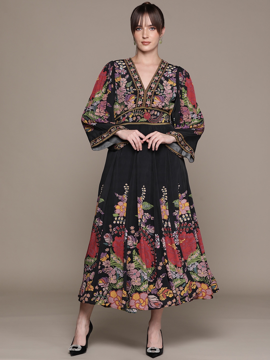 

Ritu Kumar Floral Print Flared Sleeves Crepe A-Line Maxi Dress, Black