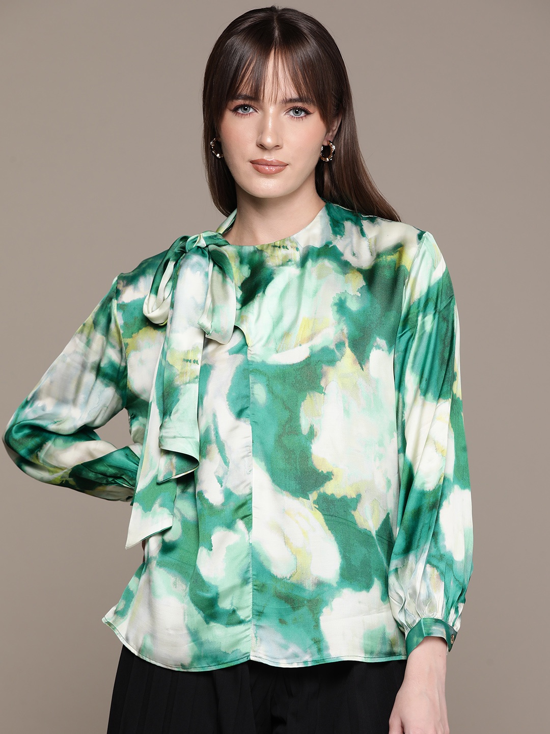 

Ritu Kumar Floral Print Tie-Up Neck Puff Sleeve Satin Top, Green