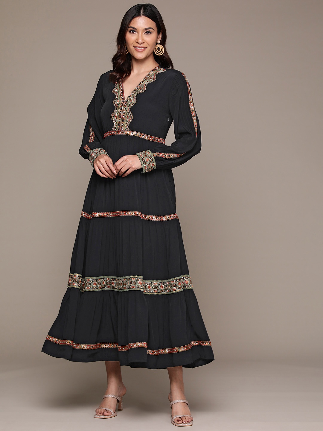 

Ritu Kumar Ethnic Motifs Embroidered Crepe A-Line Maxi Dress, Black