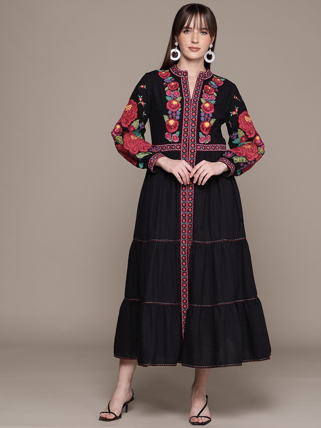 

Ritu Kumar Floral Embroidered Puff Sleeve A-Line Midi Dress, Black