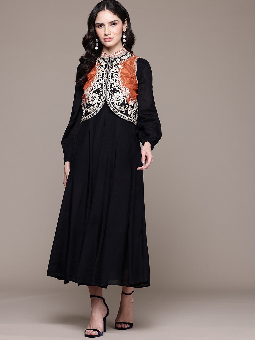

Ritu Kumar A-Line Maxi Dress With Embroidered Shrug, Black