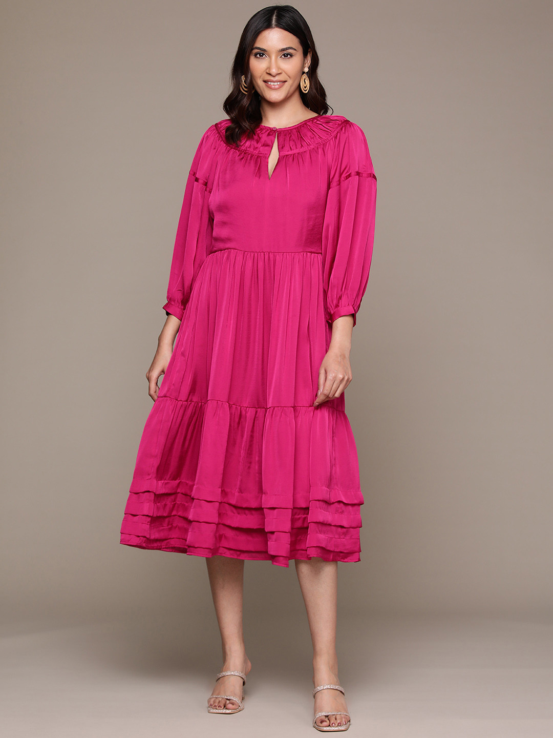 

Ritu Kumar Keyhole Neck Puff Sleeve A-Line Midi Dress, Pink