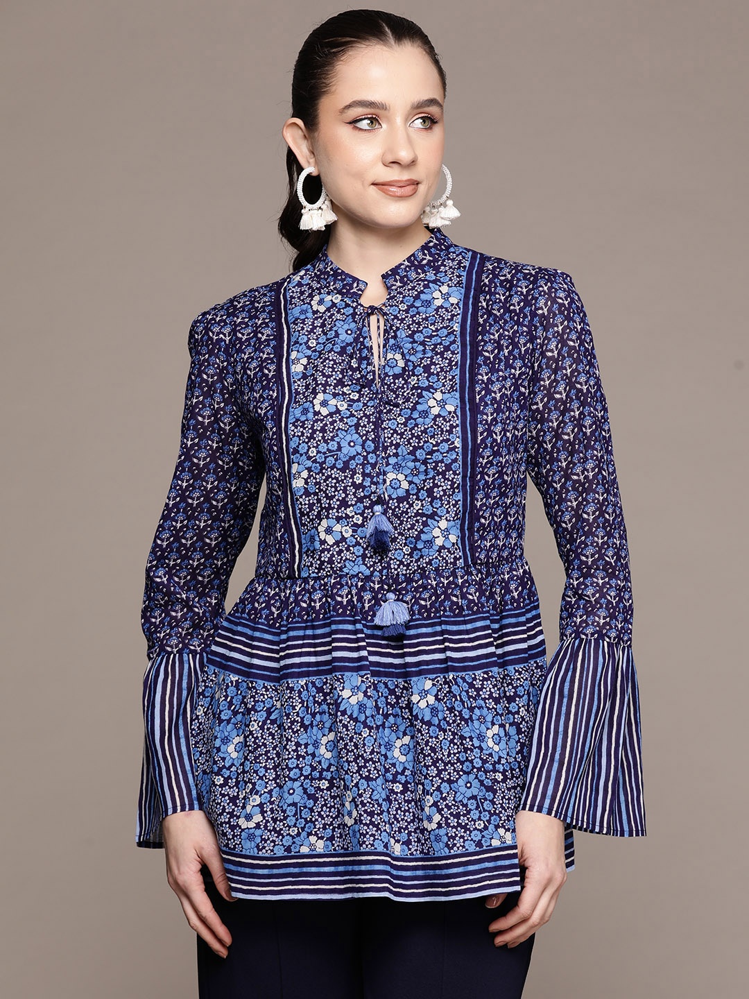 

aarke Ritu Kumar Floral Printed Pleated Kurti, Blue