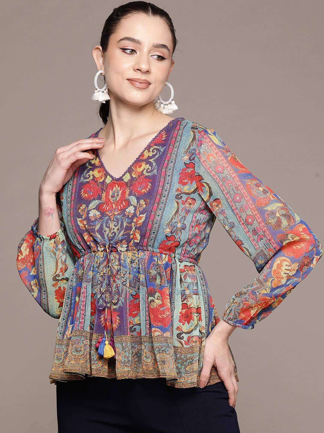 

aarke Ritu Kumar Floral Printed V-Neck Pleated Kurti, Multi