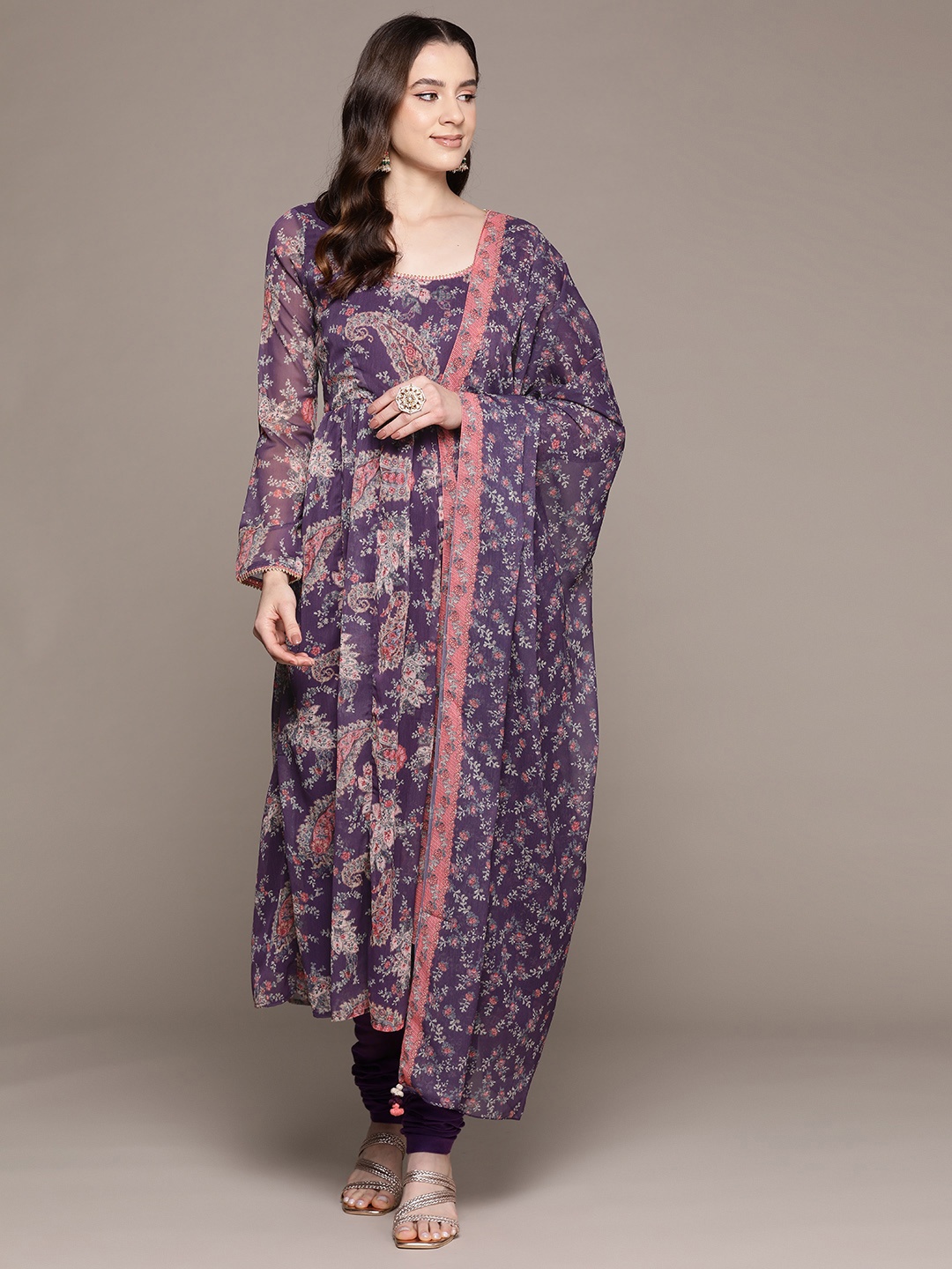 

aarke Ritu Kumar Women Floral Printed Pleated Gotta Patti Kurta with Churidar & Dupatta, Purple