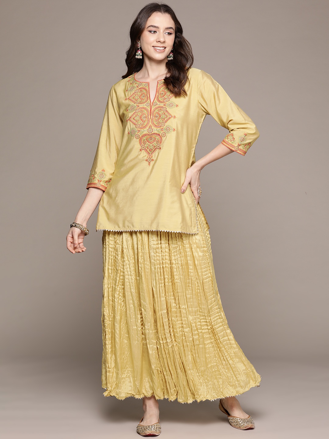 

aarke Ritu Kumar Women Floral Yoke Design Regular Kurti with Skirt & With Dupatta, Yellow