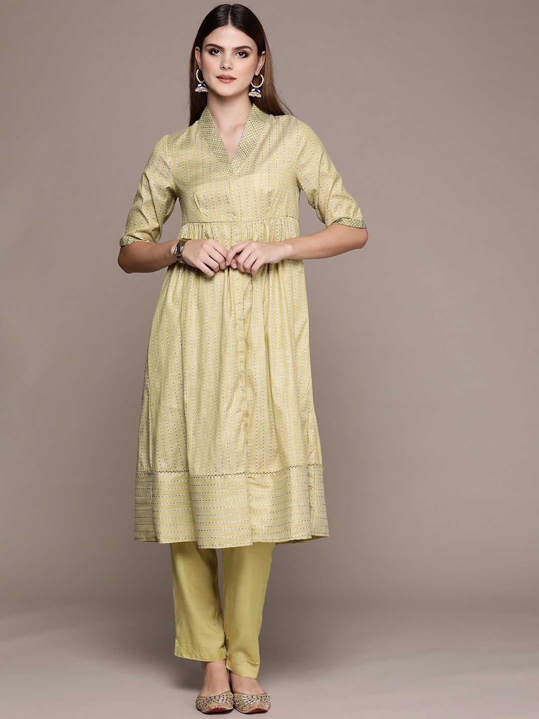 

aarke Ritu Kumar Women Striped Regular Kurta with Trousers, Lime green