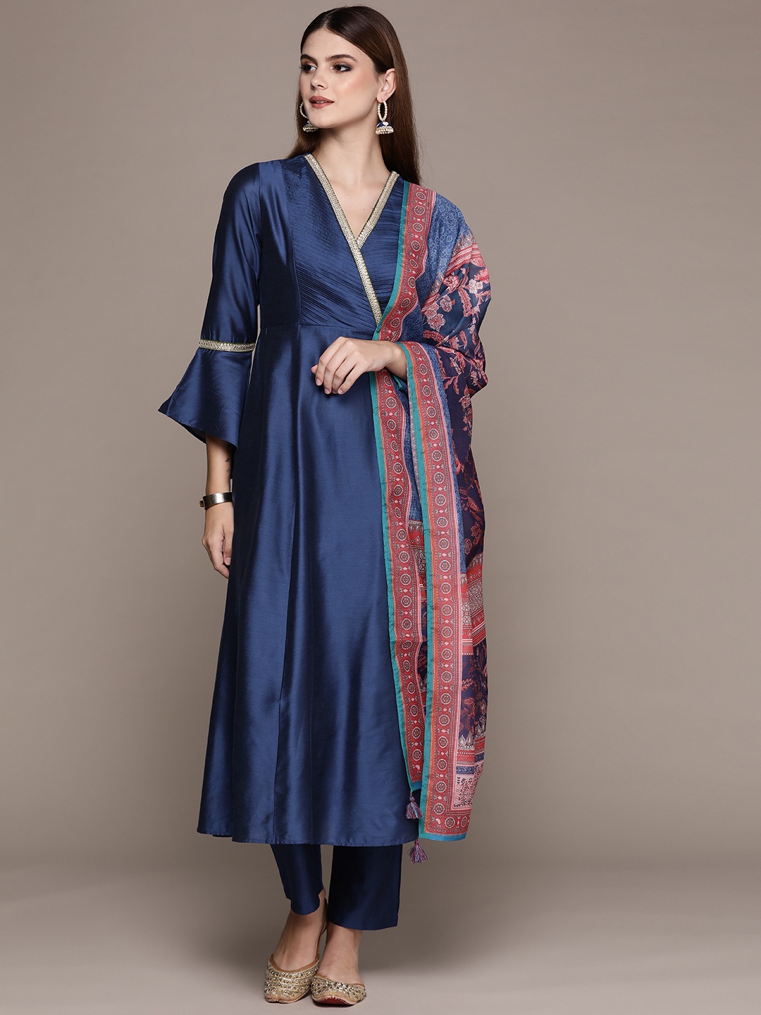 

aarke Ritu Kumar Women Angrakha Thread Work Kurta with Trousers & With Dupatta, Navy blue