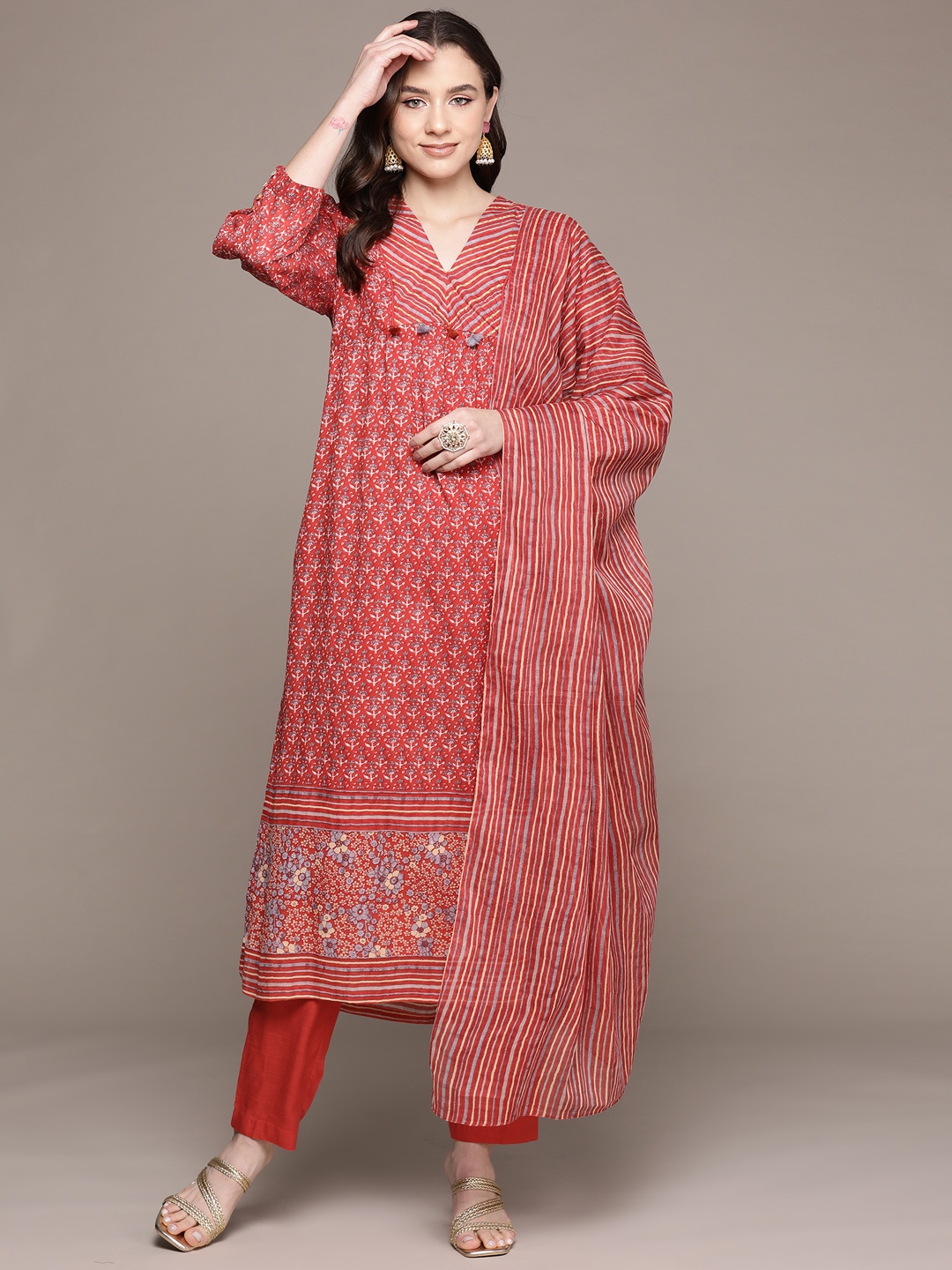 

aarke Ritu Kumar Women Floral Printed Pleated Kurta with Palazzos & With Dupatta, Red