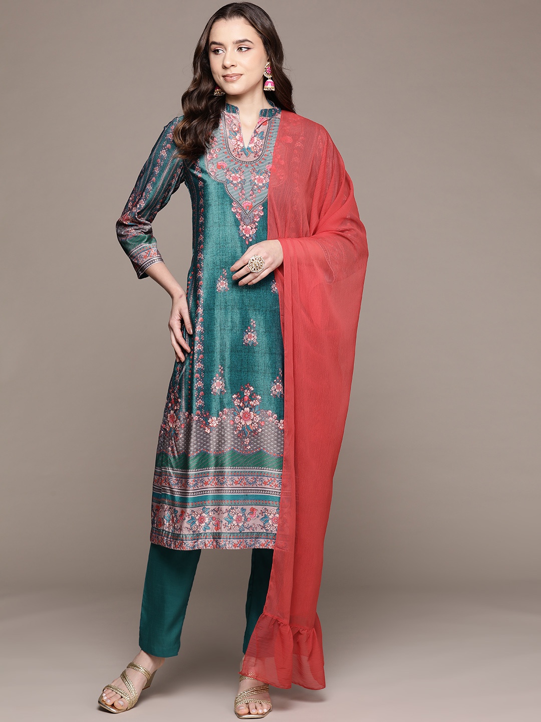 

aarke Ritu Kumar Women Floral Printed Regular Kurta with Palazzos & With Dupatta, Teal